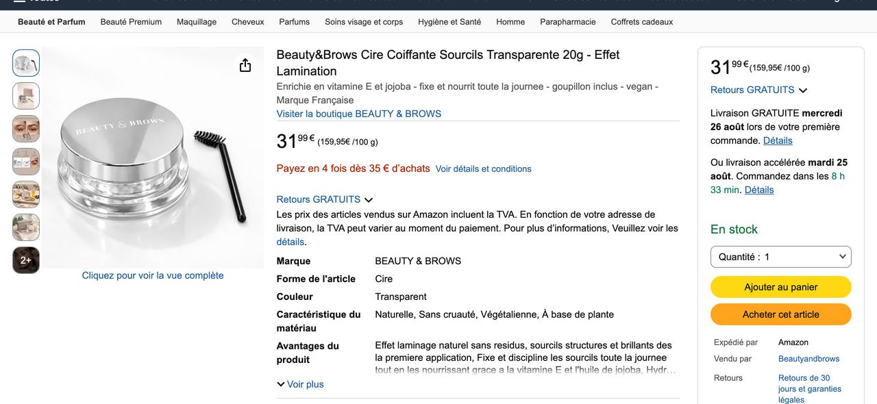 Fiche produit Amazon.fr de la cire coiffante sourcils Beauty & Brows : galerie d'images, titre, attributs et boîte d'achat