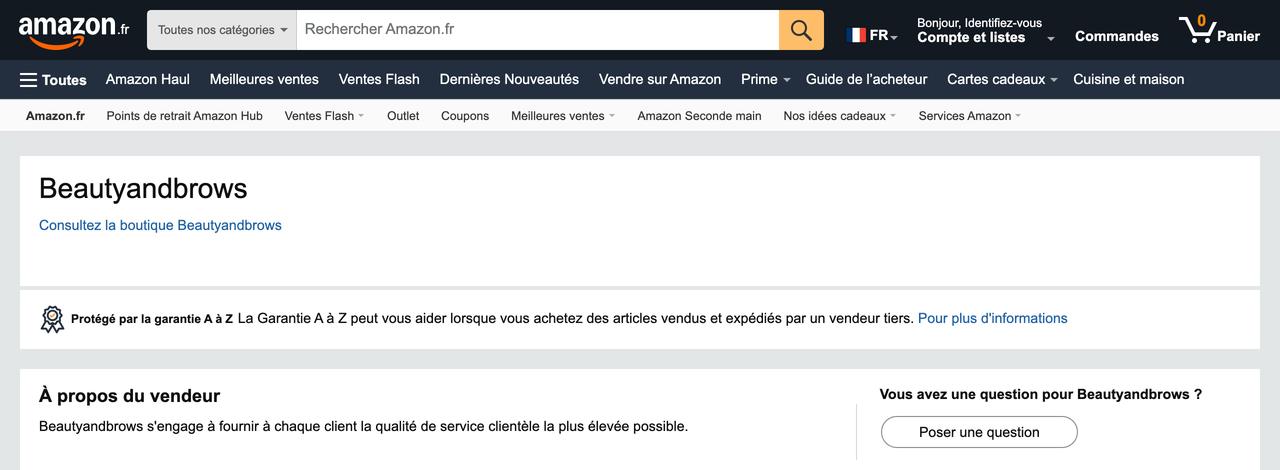 Page vendeur Amazon.fr au nom de la marque : nom du vendeur, lien vers la boutique, garantie A à Z, présentation du vendeur