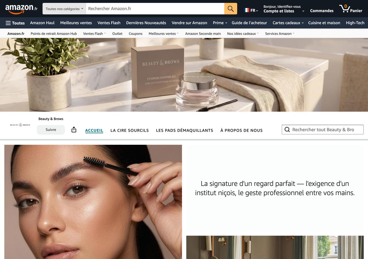 Boutique de marque Beauty & Brows sur Amazon.fr : bandeau, navigation de la boutique, premier module